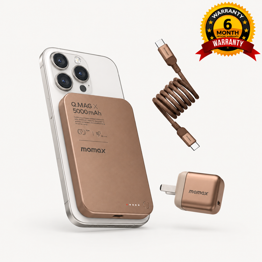Momax Charger Ensemble – Q.Mag X 5000mAh Magnetic Wireless Battery Pack + 60W USB-C Magnetic Cable +30W GaN Charger
