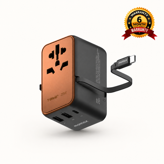 1-World+ 3-Port Travel Charger Built-In USB-C Cable 25W