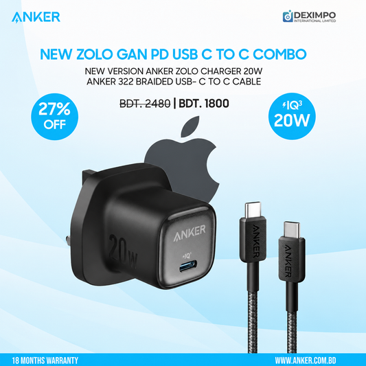 New Version Anker Zolo Charger 20W GaN IQ & PD Combo USB C Black