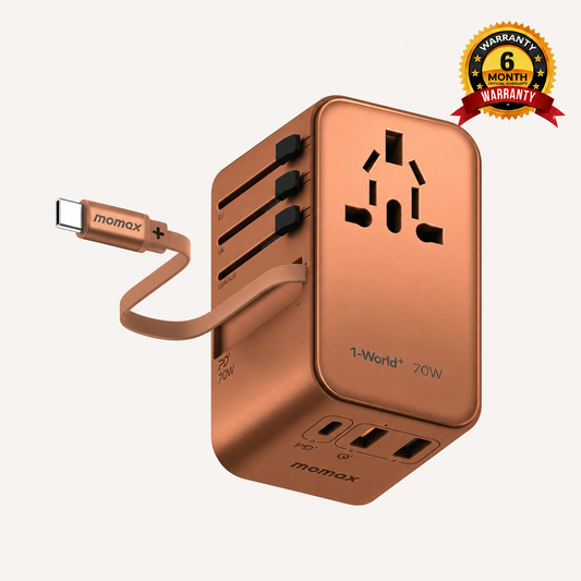 1-World+ 3-Port Travel GaN Charger With Built-in USB-C Cable 70W